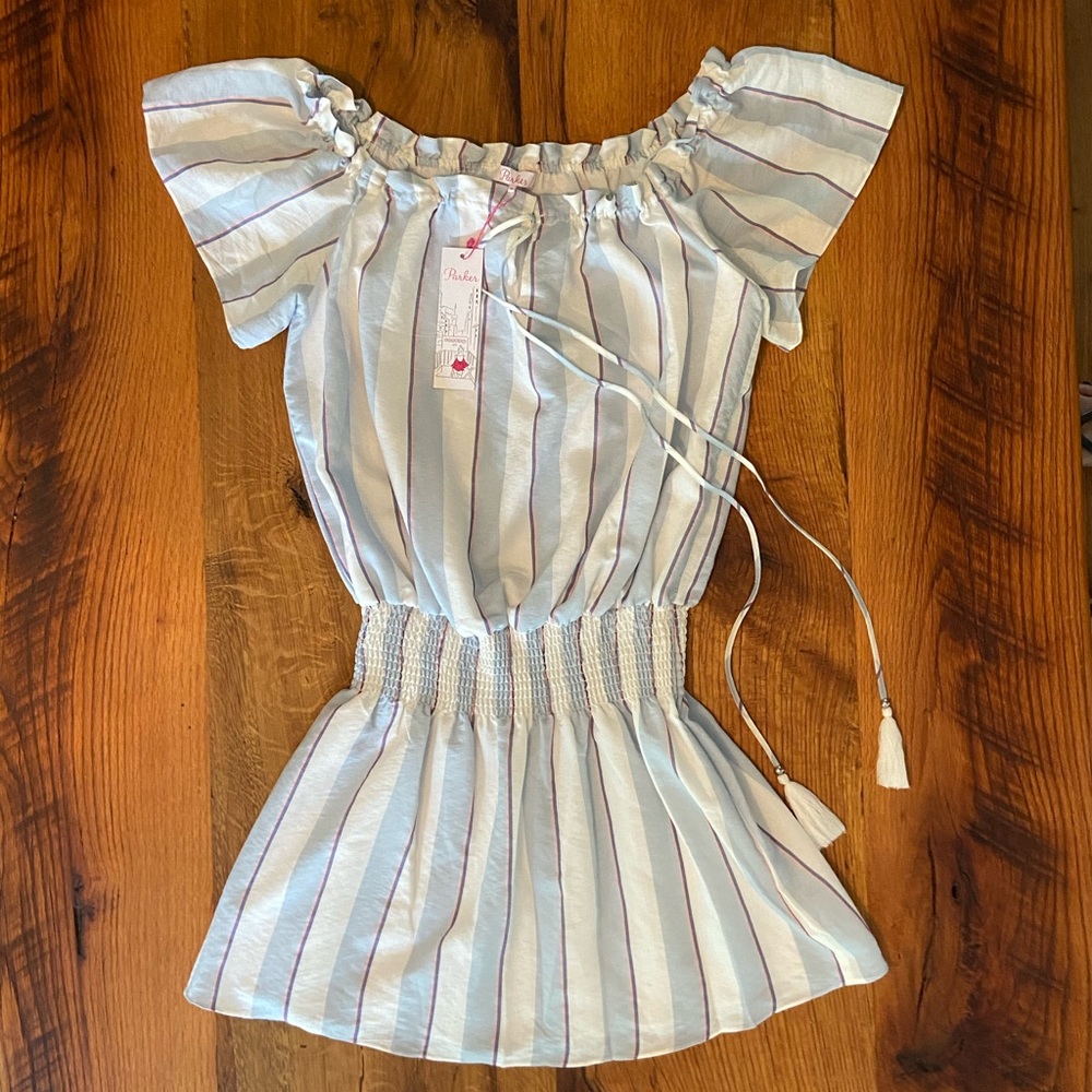 Parker Boho Lined Shirt in Fun Light Blue and White Stripe, NWT, Size Medium